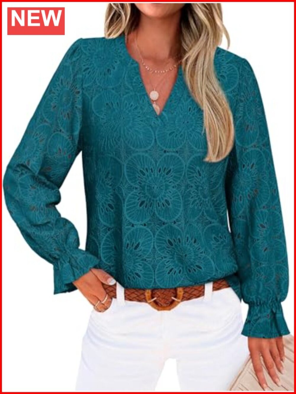 V Neck Eyelet Lace Long Sleeve Blouse with Lining